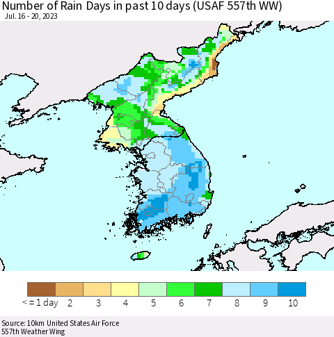Korea Number of Rain Days in past 10 days (USAF 557th WW) Thematic Map For 7/16/2023 - 7/20/2023