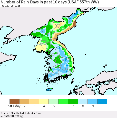 Korea Number of Rain Days in past 10 days (USAF 557th WW) Thematic Map For 7/21/2023 - 7/25/2023