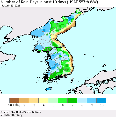 Korea Number of Rain Days in past 10 days (USAF 557th WW) Thematic Map For 7/26/2023 - 7/31/2023