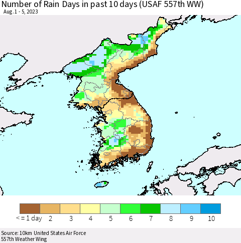 Korea Number of Rain Days in past 10 days (USAF 557th WW) Thematic Map For 8/1/2023 - 8/5/2023