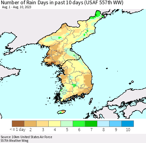 Korea Number of Rain Days in past 10 days (USAF 557th WW) Thematic Map For 8/6/2023 - 8/10/2023