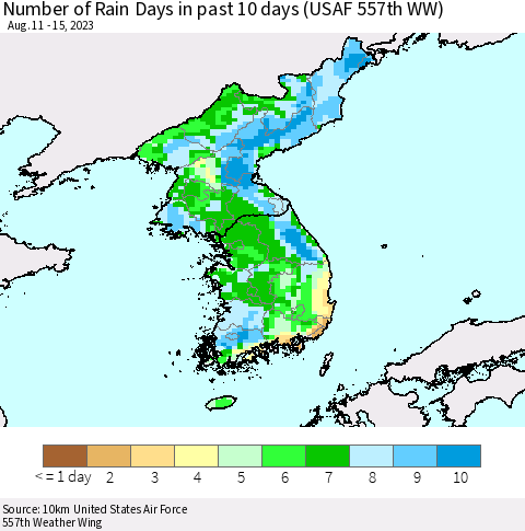 Korea Number of Rain Days in past 10 days (USAF 557th WW) Thematic Map For 8/11/2023 - 8/15/2023