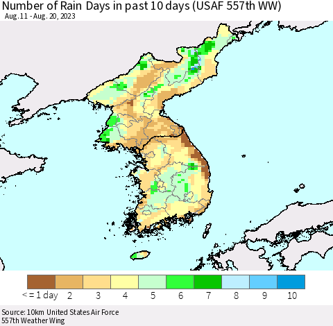 Korea Number of Rain Days in past 10 days (USAF 557th WW) Thematic Map For 8/16/2023 - 8/20/2023