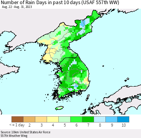 Korea Number of Rain Days in past 10 days (USAF 557th WW) Thematic Map For 8/26/2023 - 8/31/2023