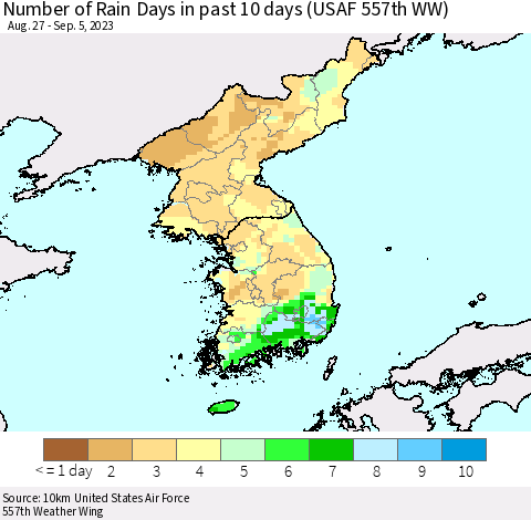 Korea Number of Rain Days in past 10 days (USAF 557th WW) Thematic Map For 9/1/2023 - 9/5/2023