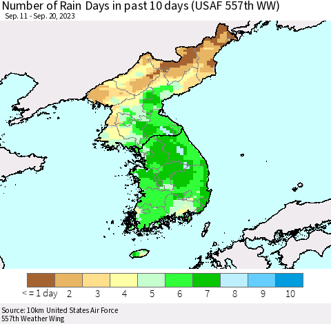 Korea Number of Rain Days in past 10 days (USAF 557th WW) Thematic Map For 9/16/2023 - 9/20/2023