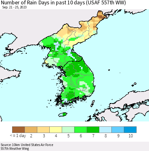 Korea Number of Rain Days in past 10 days (USAF 557th WW) Thematic Map For 9/21/2023 - 9/25/2023