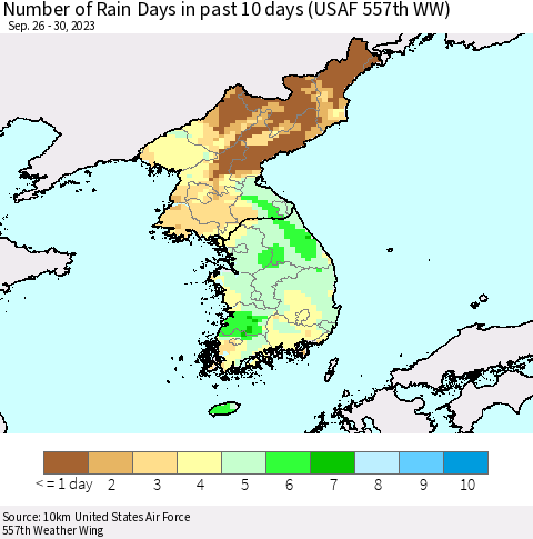 Korea Number of Rain Days in past 10 days (USAF 557th WW) Thematic Map For 9/26/2023 - 9/30/2023