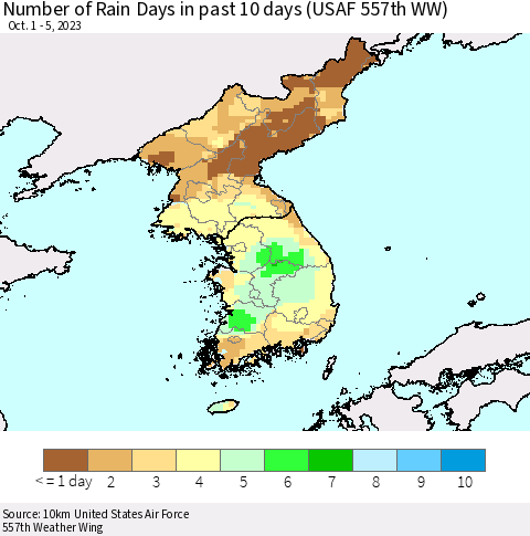 Korea Number of Rain Days in past 10 days (USAF 557th WW) Thematic Map For 10/1/2023 - 10/5/2023