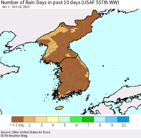 Korea Number of Rain Days in past 10 days (USAF 557th WW) Thematic Map For 10/6/2023 - 10/10/2023