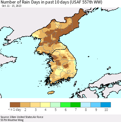 Korea Number of Rain Days in past 10 days (USAF 557th WW) Thematic Map For 10/11/2023 - 10/15/2023
