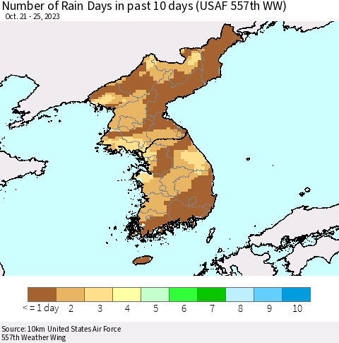 Korea Number of Rain Days in past 10 days (USAF 557th WW) Thematic Map For 10/21/2023 - 10/25/2023
