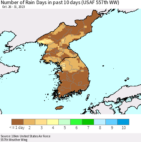 Korea Number of Rain Days in past 10 days (USAF 557th WW) Thematic Map For 10/26/2023 - 10/31/2023