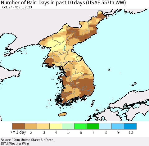 Korea Number of Rain Days in past 10 days (USAF 557th WW) Thematic Map For 11/1/2023 - 11/5/2023