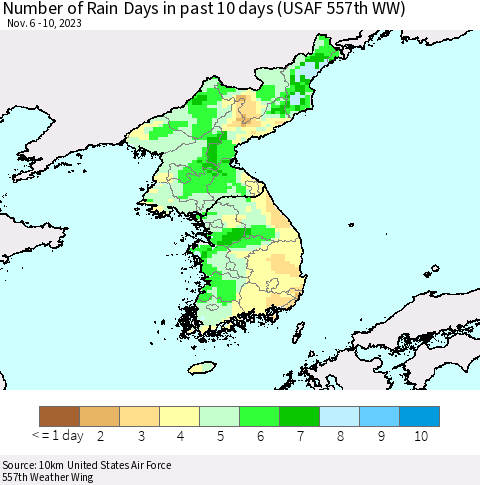 Korea Number of Rain Days in past 10 days (USAF 557th WW) Thematic Map For 11/6/2023 - 11/10/2023