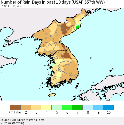 Korea Number of Rain Days in past 10 days (USAF 557th WW) Thematic Map For 11/11/2023 - 11/15/2023