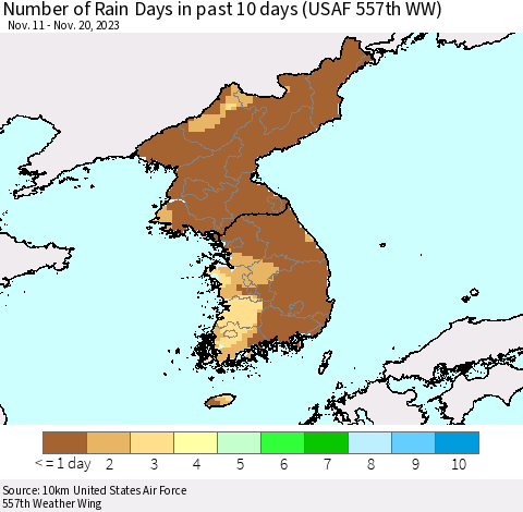 Korea Number of Rain Days in past 10 days (USAF 557th WW) Thematic Map For 11/16/2023 - 11/20/2023
