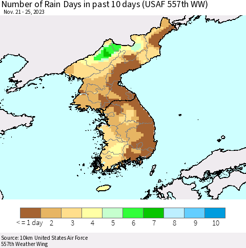 Korea Number of Rain Days in past 10 days (USAF 557th WW) Thematic Map For 11/21/2023 - 11/25/2023