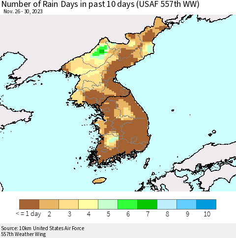 Korea Number of Rain Days in past 10 days (USAF 557th WW) Thematic Map For 11/26/2023 - 11/30/2023