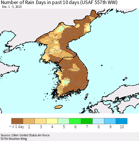 Korea Number of Rain Days in past 10 days (USAF 557th WW) Thematic Map For 12/1/2023 - 12/5/2023