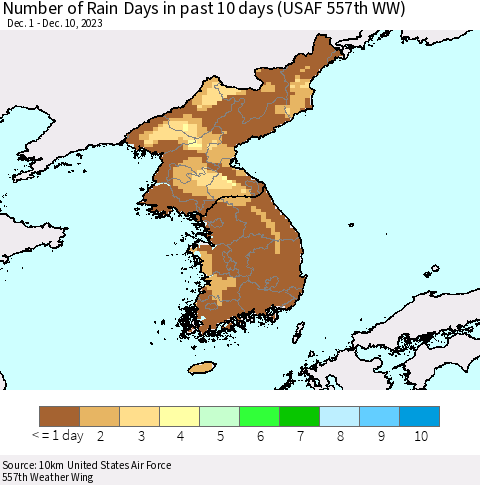 Korea Number of Rain Days in past 10 days (USAF 557th WW) Thematic Map For 12/6/2023 - 12/10/2023