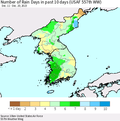 Korea Number of Rain Days in past 10 days (USAF 557th WW) Thematic Map For 12/16/2023 - 12/20/2023