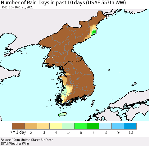Korea Number of Rain Days in past 10 days (USAF 557th WW) Thematic Map For 12/21/2023 - 12/25/2023