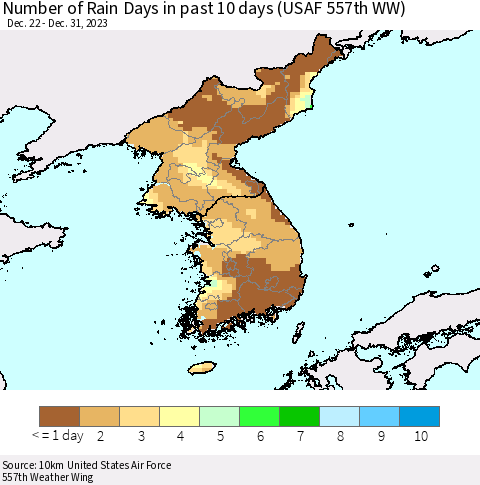 Korea Number of Rain Days in past 10 days (USAF 557th WW) Thematic Map For 12/26/2023 - 12/31/2023