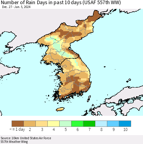 Korea Number of Rain Days in past 10 days (USAF 557th WW) Thematic Map For 1/1/2024 - 1/5/2024