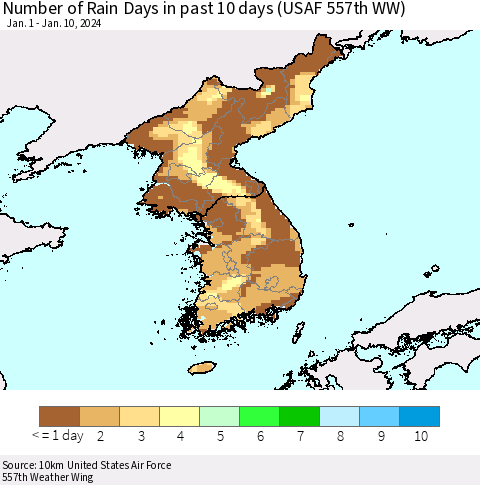 Korea Number of Rain Days in past 10 days (USAF 557th WW) Thematic Map For 1/6/2024 - 1/10/2024