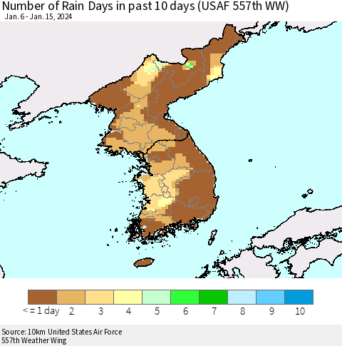 Korea Number of Rain Days in past 10 days (USAF 557th WW) Thematic Map For 1/11/2024 - 1/15/2024