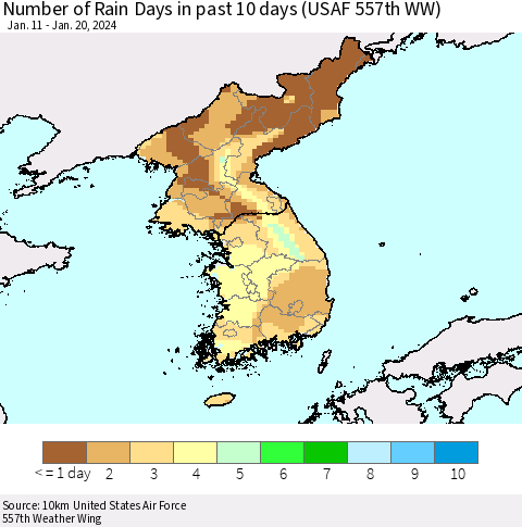Korea Number of Rain Days in past 10 days (USAF 557th WW) Thematic Map For 1/16/2024 - 1/20/2024