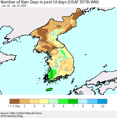Korea Number of Rain Days in past 10 days (USAF 557th WW) Thematic Map For 1/21/2024 - 1/25/2024