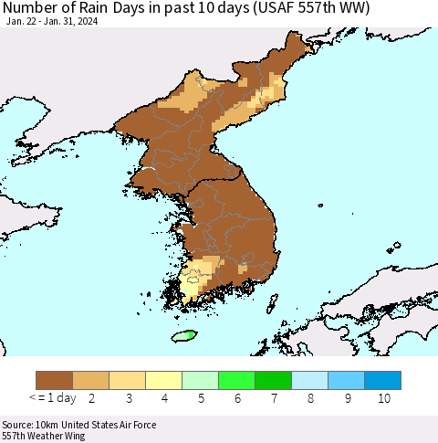 Korea Number of Rain Days in past 10 days (USAF 557th WW) Thematic Map For 1/26/2024 - 1/31/2024