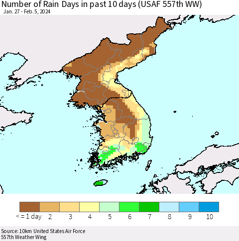 Korea Number of Rain Days in past 10 days (USAF 557th WW) Thematic Map For 2/1/2024 - 2/5/2024
