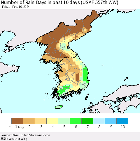 Korea Number of Rain Days in past 10 days (USAF 557th WW) Thematic Map For 2/6/2024 - 2/10/2024
