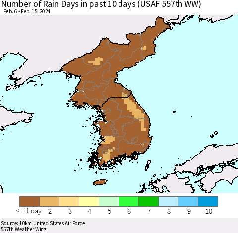 Korea Number of Rain Days in past 10 days (USAF 557th WW) Thematic Map For 2/11/2024 - 2/15/2024