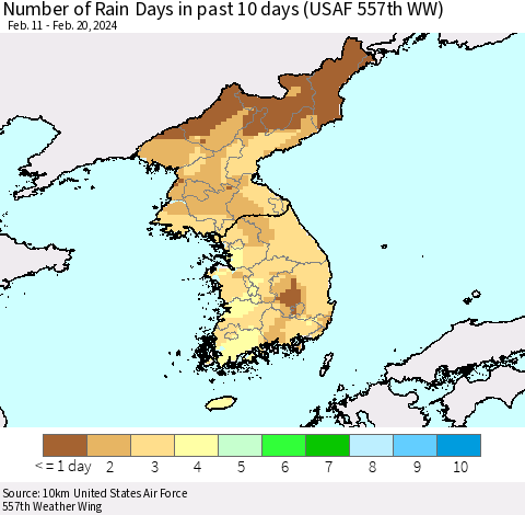 Korea Number of Rain Days in past 10 days (USAF 557th WW) Thematic Map For 2/16/2024 - 2/20/2024