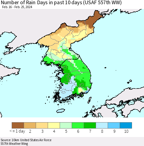 Korea Number of Rain Days in past 10 days (USAF 557th WW) Thematic Map For 2/21/2024 - 2/25/2024
