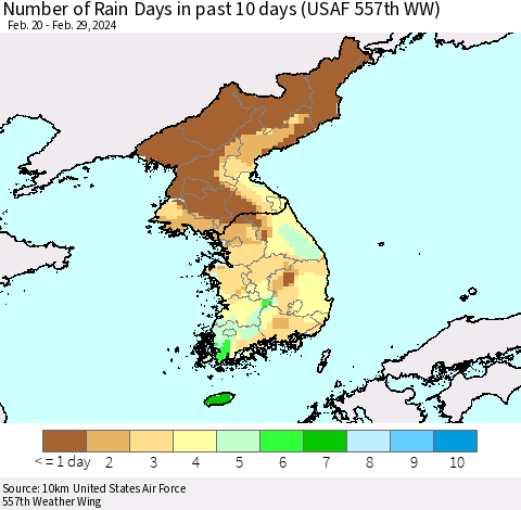 Korea Number of Rain Days in past 10 days (USAF 557th WW) Thematic Map For 2/26/2024 - 2/29/2024