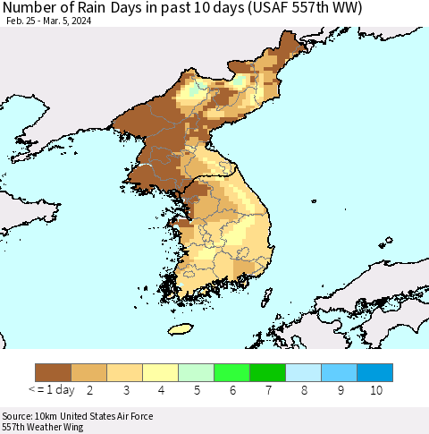 Korea Number of Rain Days in past 10 days (USAF 557th WW) Thematic Map For 3/1/2024 - 3/5/2024