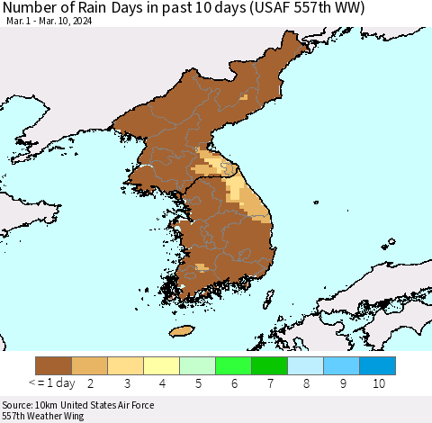 Korea Number of Rain Days in past 10 days (USAF 557th WW) Thematic Map For 3/6/2024 - 3/10/2024