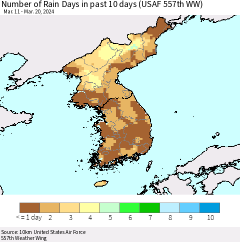 Korea Number of Rain Days in past 10 days (USAF 557th WW) Thematic Map For 3/16/2024 - 3/20/2024
