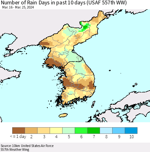 Korea Number of Rain Days in past 10 days (USAF 557th WW) Thematic Map For 3/21/2024 - 3/25/2024