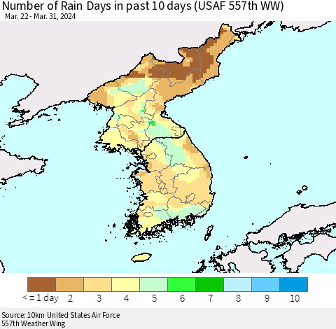 Korea Number of Rain Days in past 10 days (USAF 557th WW) Thematic Map For 3/26/2024 - 3/31/2024