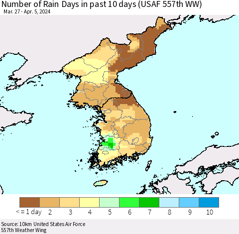 Korea Number of Rain Days in past 10 days (USAF 557th WW) Thematic Map For 4/1/2024 - 4/5/2024