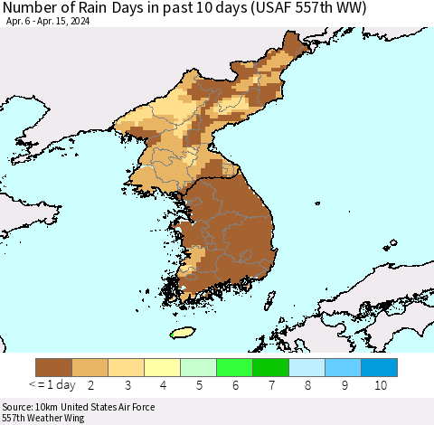 Korea Number of Rain Days in past 10 days (USAF 557th WW) Thematic Map For 4/11/2024 - 4/15/2024