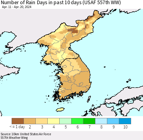 Korea Number of Rain Days in past 10 days (USAF 557th WW) Thematic Map For 4/16/2024 - 4/20/2024