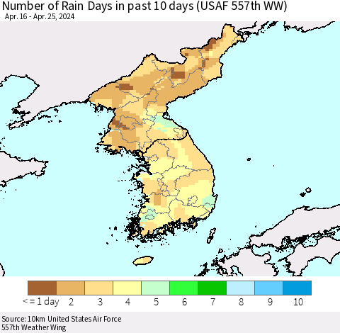Korea Number of Rain Days in past 10 days (USAF 557th WW) Thematic Map For 4/21/2024 - 4/25/2024
