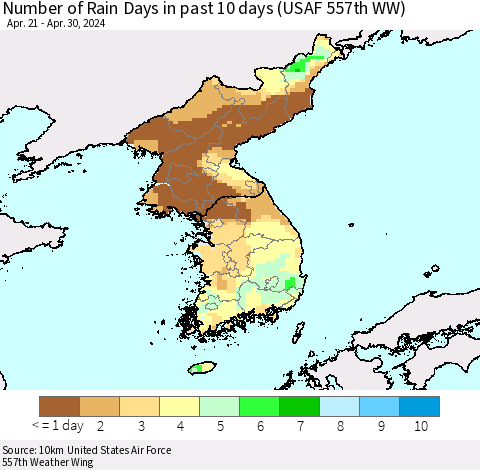 Korea Number of Rain Days in past 10 days (USAF 557th WW) Thematic Map For 4/26/2024 - 4/30/2024